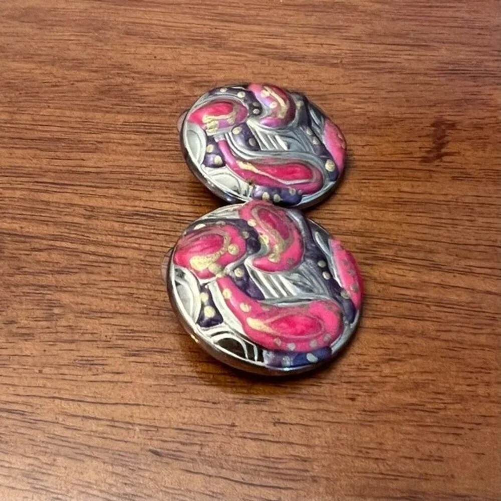 Vintage Button Earrings Oversized Hand Painted Paisley Silver Circle Studs